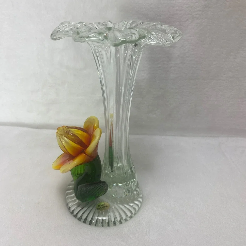VTG  Hand‎ Blown Clear Art Glass Vase Yellow Orange Flower NOS